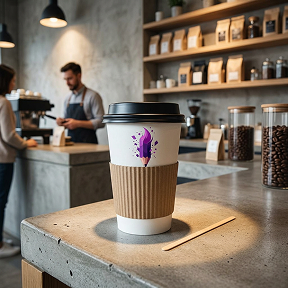 A logo mockup on a coffee cup