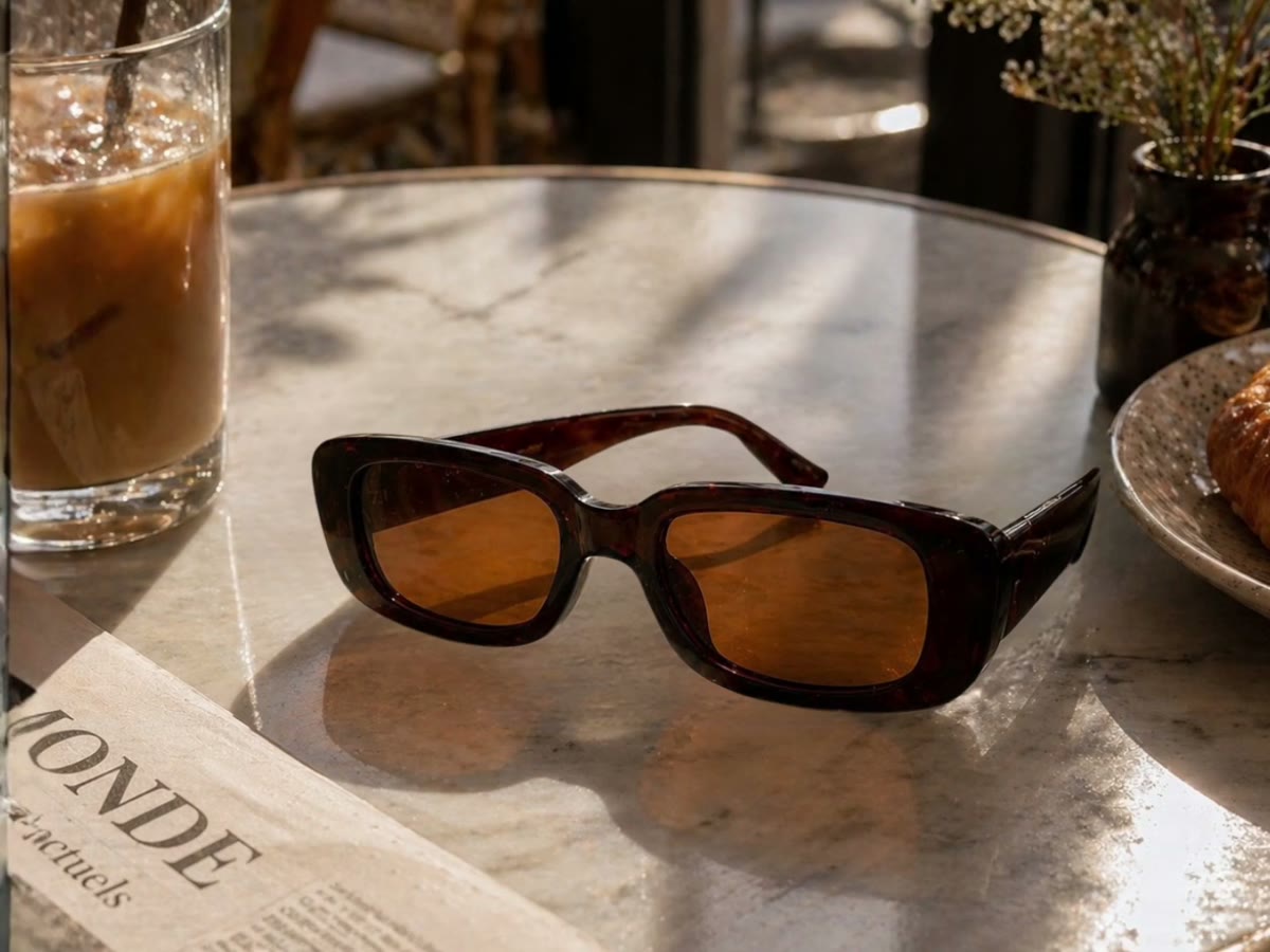 Sunglasses restaged on a sunlit marble café table